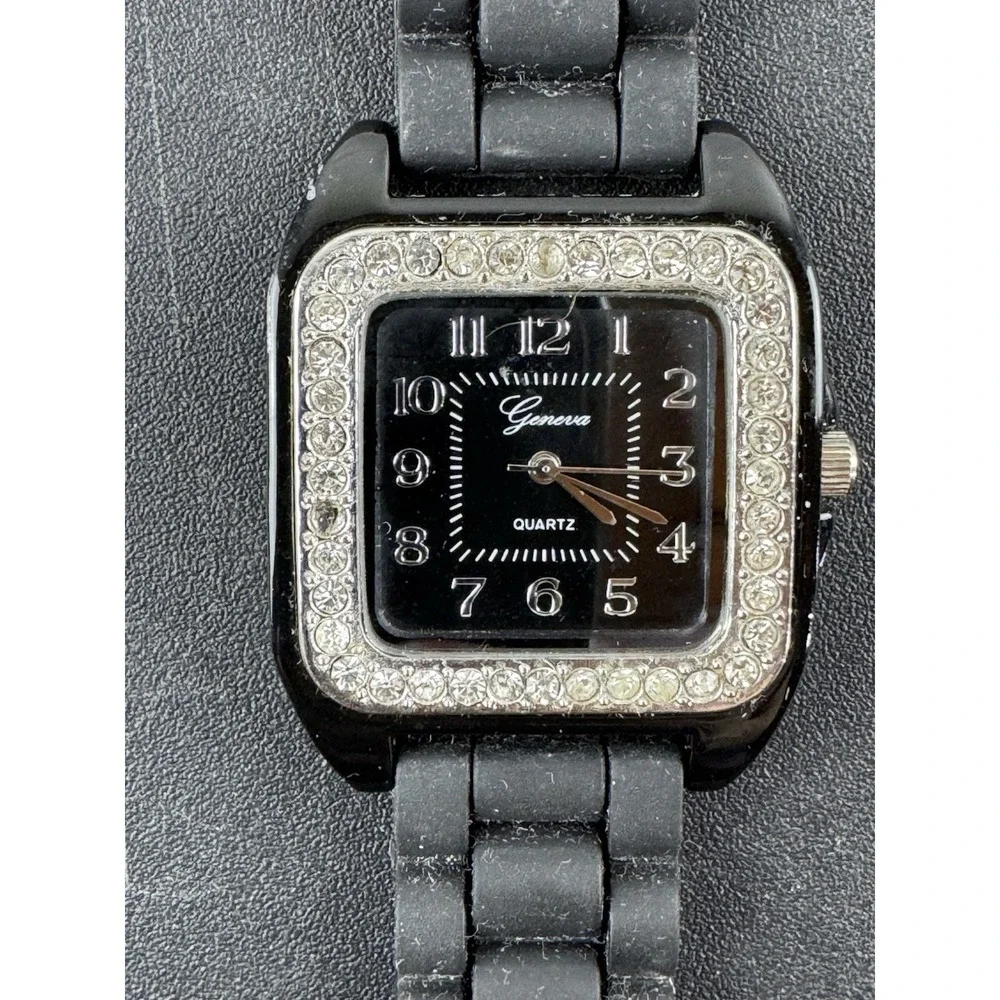 Geneva quartz square watch black face rhinestone bezel‎ sports band works